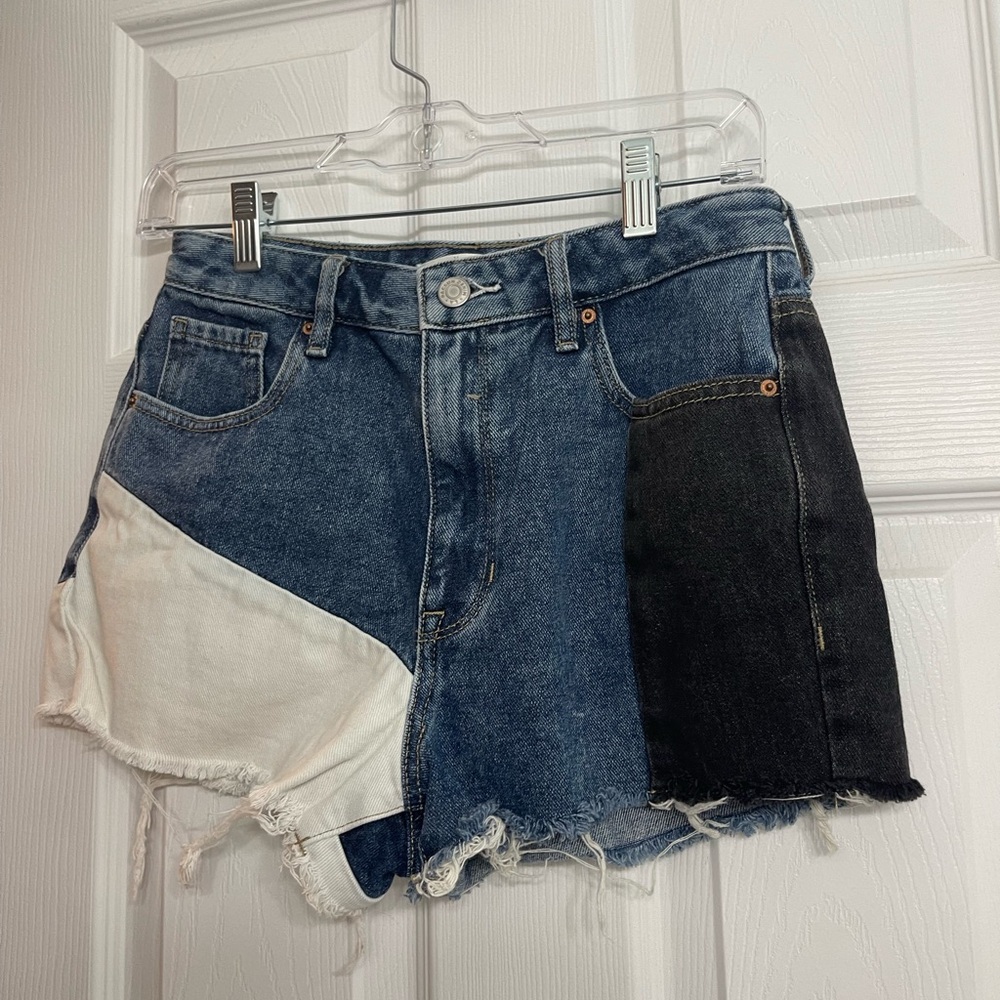 PACSUN Patchwork Jean Shorts Blue and Black Sz 26 waist women’s Unique Shorts